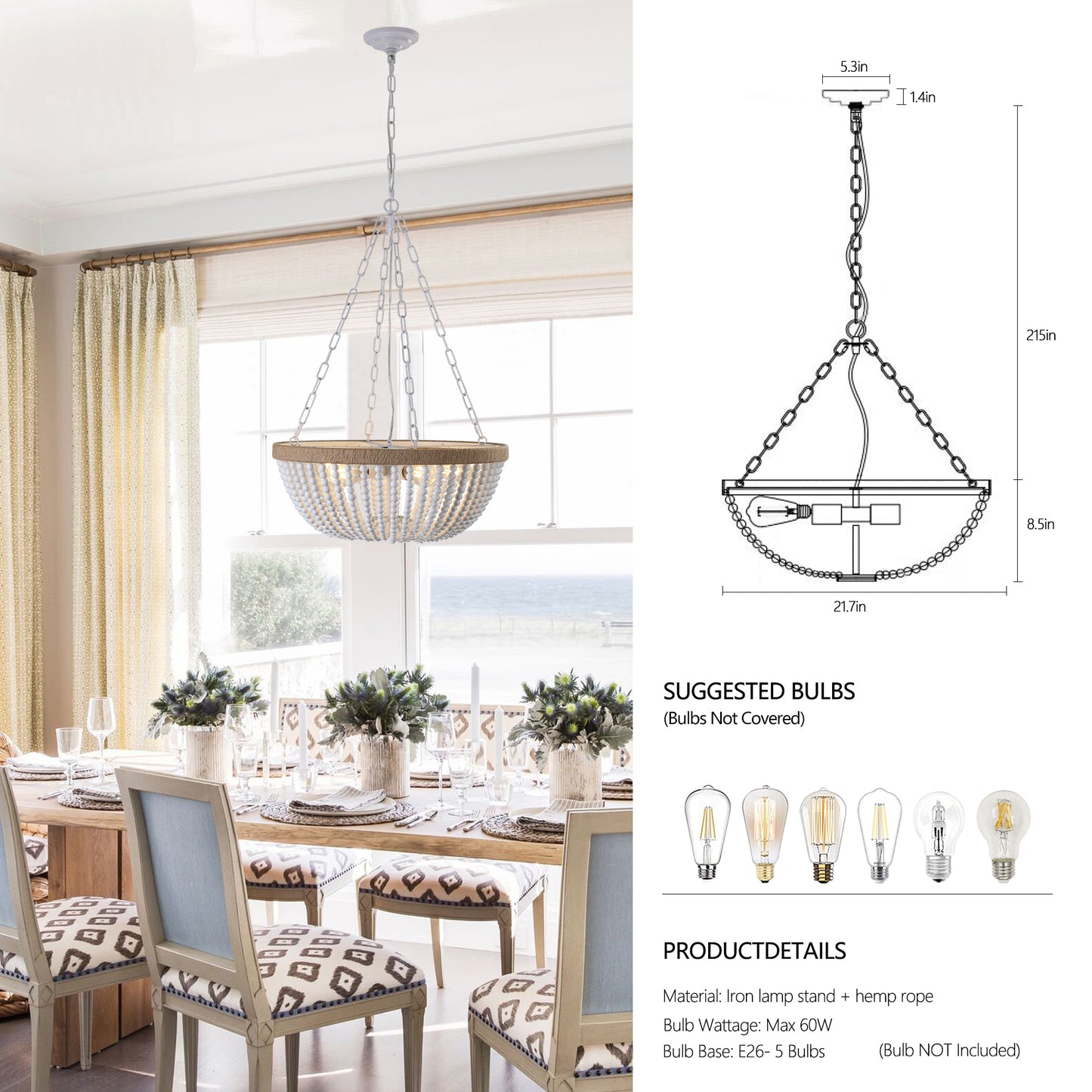 Bohemian style Wood Beaded Chandelier Oak White-DG2051