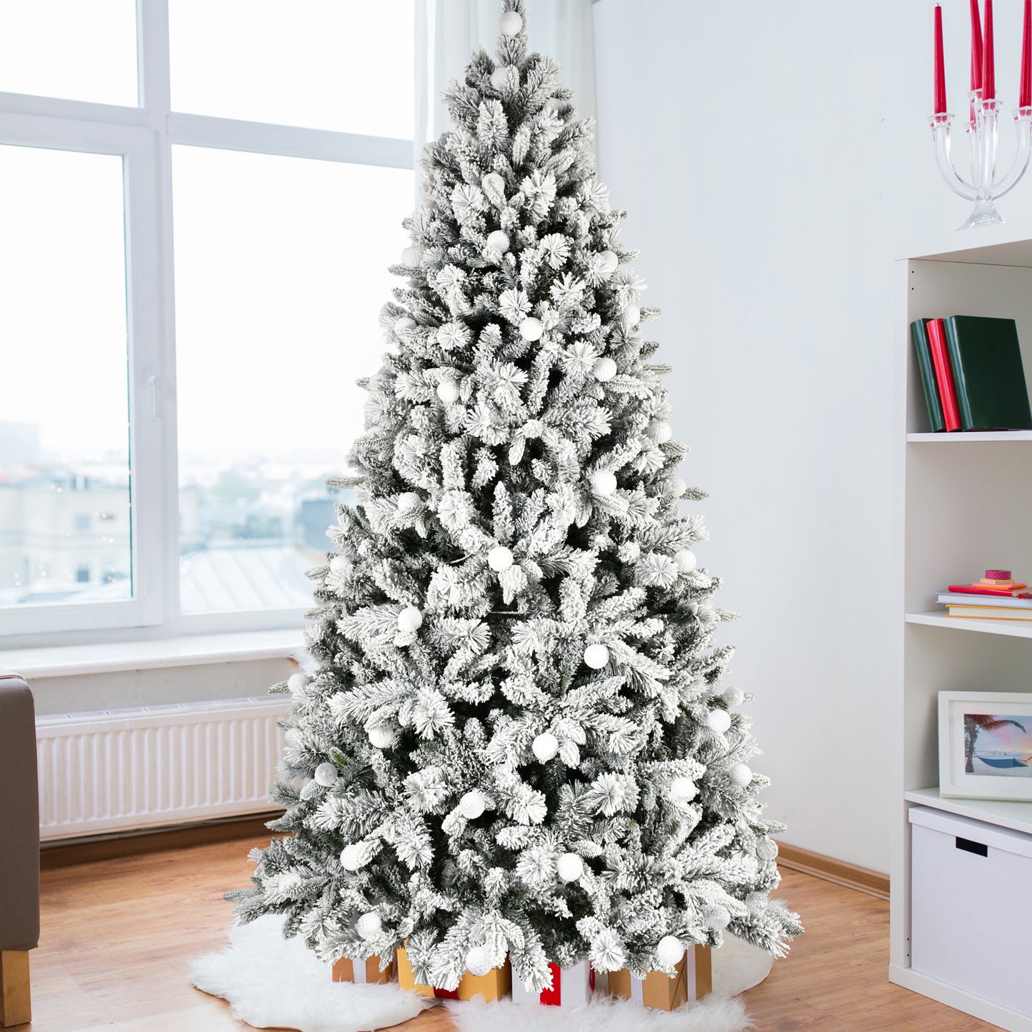 8FT PE+PVC Floceked Christmas Tree with Easy Power & Memory Wire Technology, 470 Dual-Color LEDs With 10 Function, G45 Bulbs, and 1793 Tips , Innovative Holiday Experience!