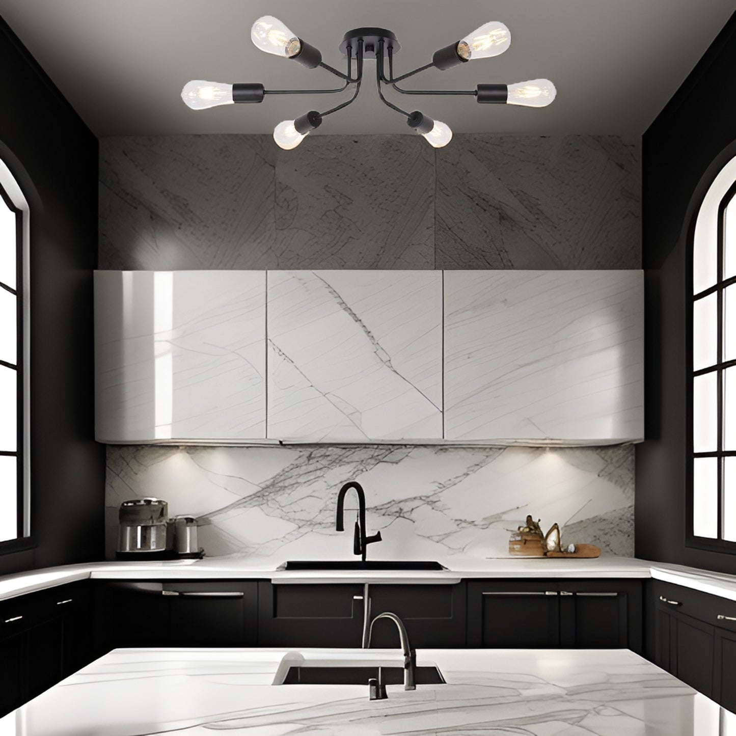 Modern Sputnik Chandelier 6 Light Semi Flush Mount Ceiling Lighting