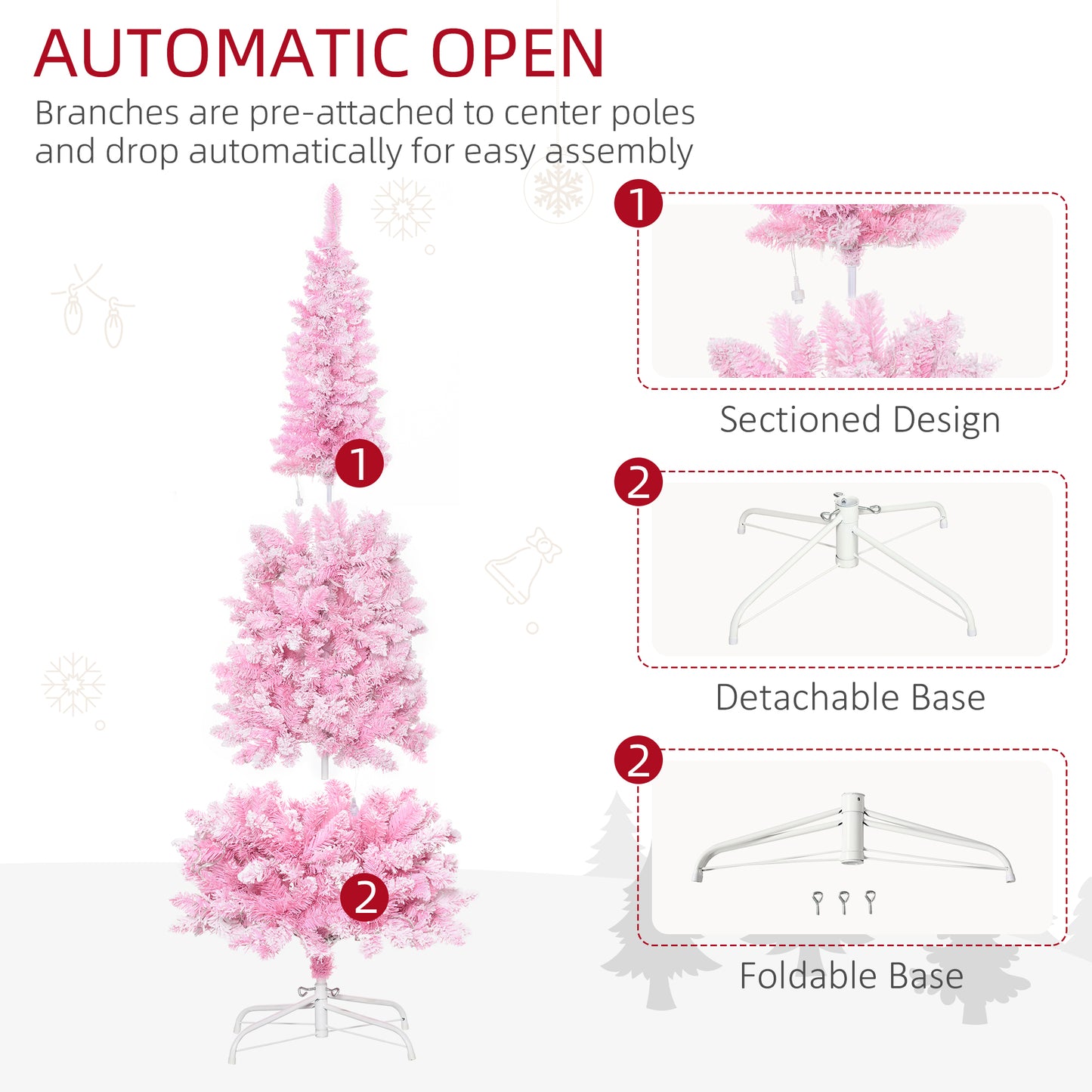 HOMCOM 6ft Prelit Snow Flocked Artificial Christmas Tree with Pencil Shape, Pine Realistic Branches, Warm White LED lights, Auto Open, Pink and White