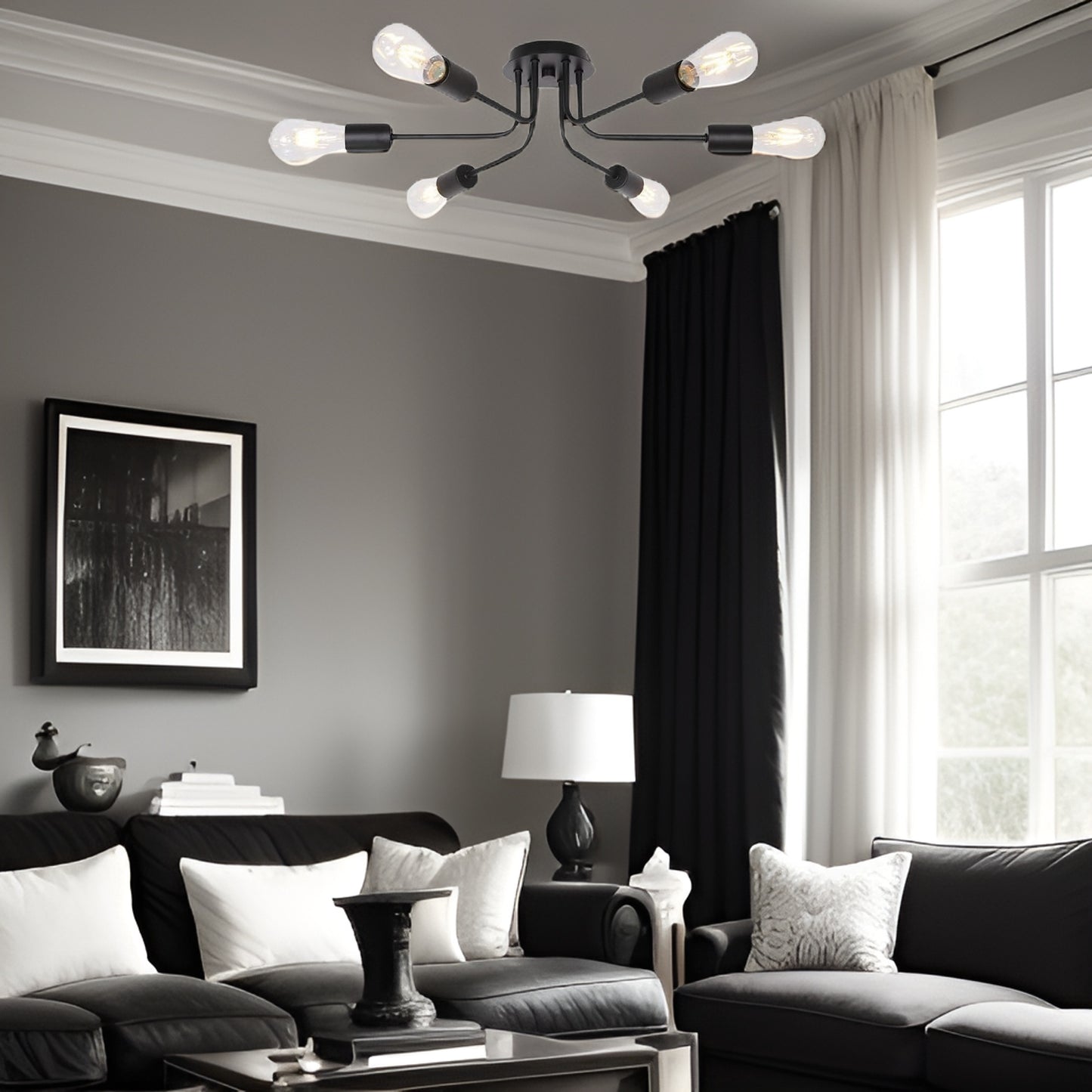 Modern Sputnik Chandelier 6 Light Semi Flush Mount Ceiling Lighting