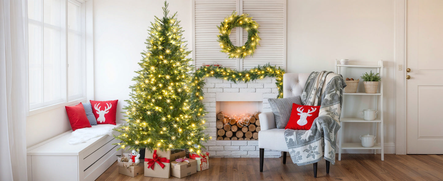 6FT Pre-Lit Aspen Fir Artificial Christmas Tree with Wreath & Garland,Grass Green Xmas Tree with 380 Multi-Color LED Lights, 11 Lighting Modes, 861 PE Branch Tips, for Indoor Holiday Decor