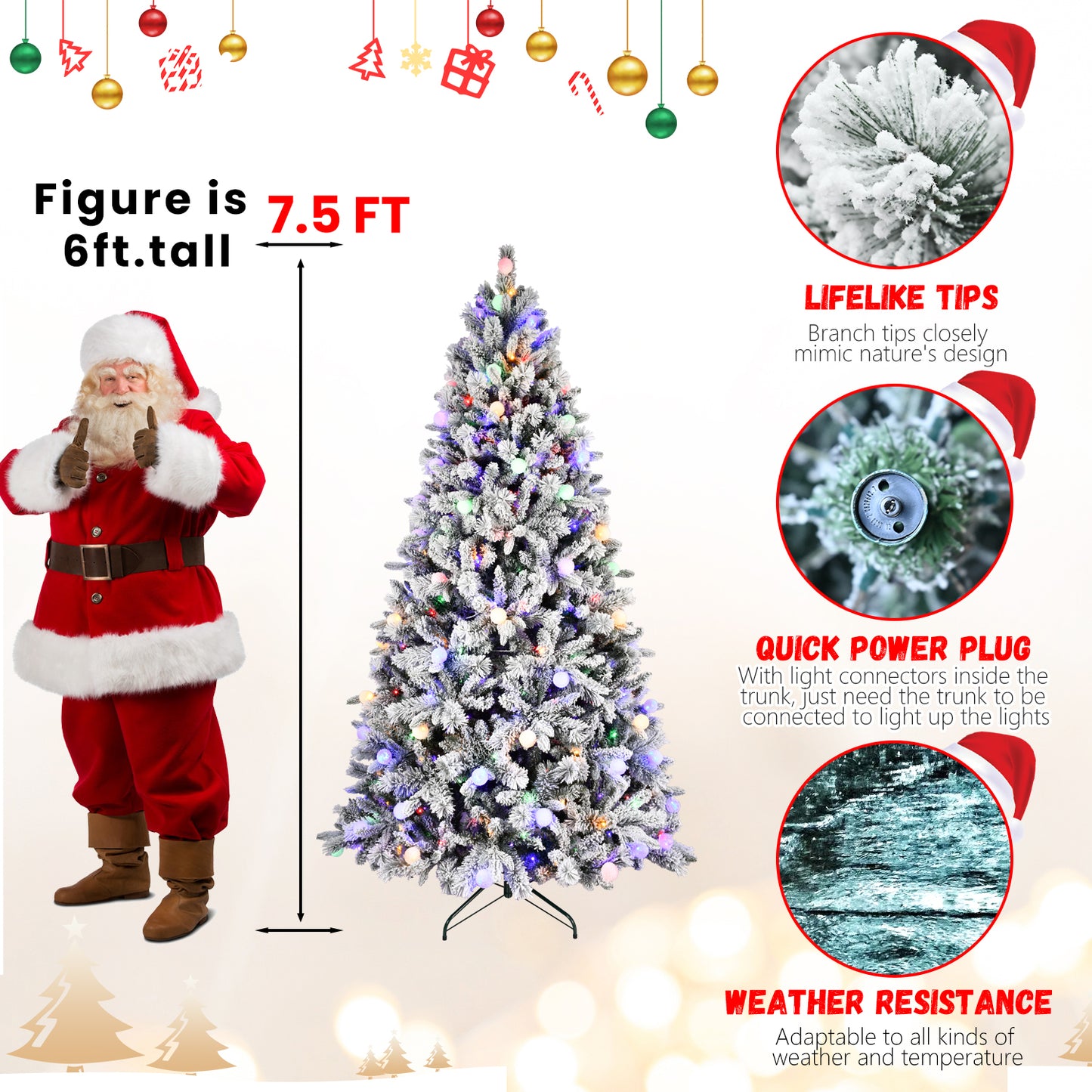 8FT PE+PVC Floceked Christmas Tree with Easy Power & Memory Wire Technology, 470 Dual-Color LEDs With 10 Function, G45 Bulbs, and 1793 Tips , Innovative Holiday Experience!