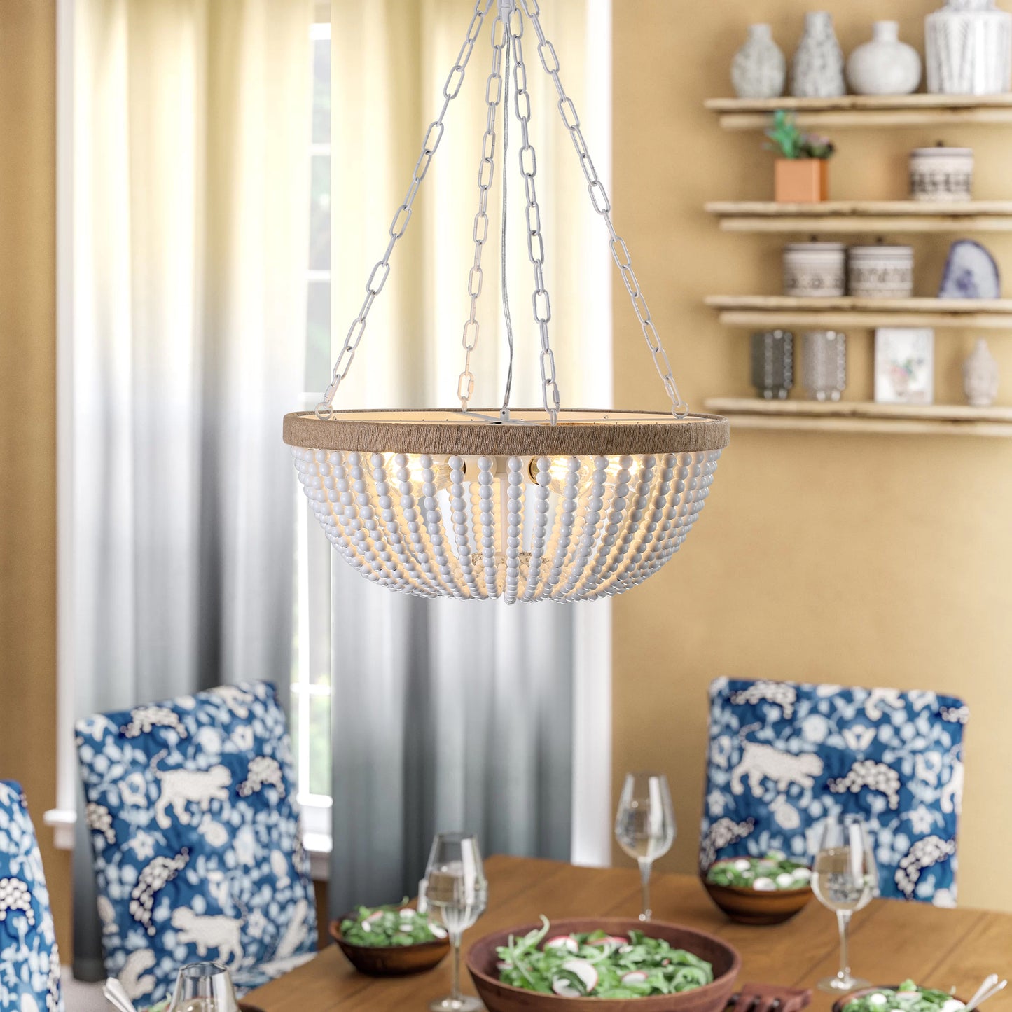 Bohemian style Wood Beaded Chandelier Oak White-DG2051
