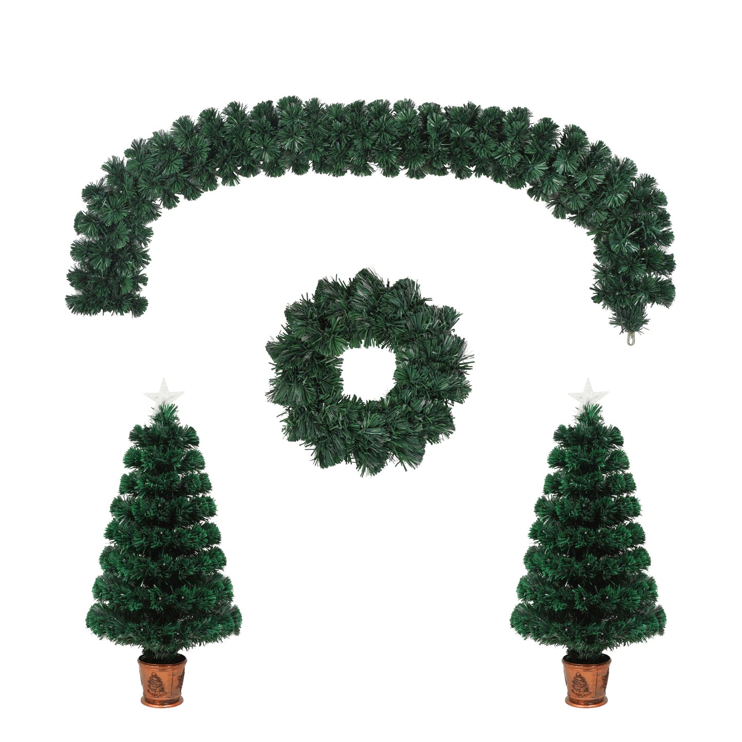 Pre-lit Optical Fiber Christmas Artificial Tree 4-Piece Set, Christmas Garland, Wreath and set of 2 Entrance Trees with Colorful Lights, PVC Festival Celebration Set