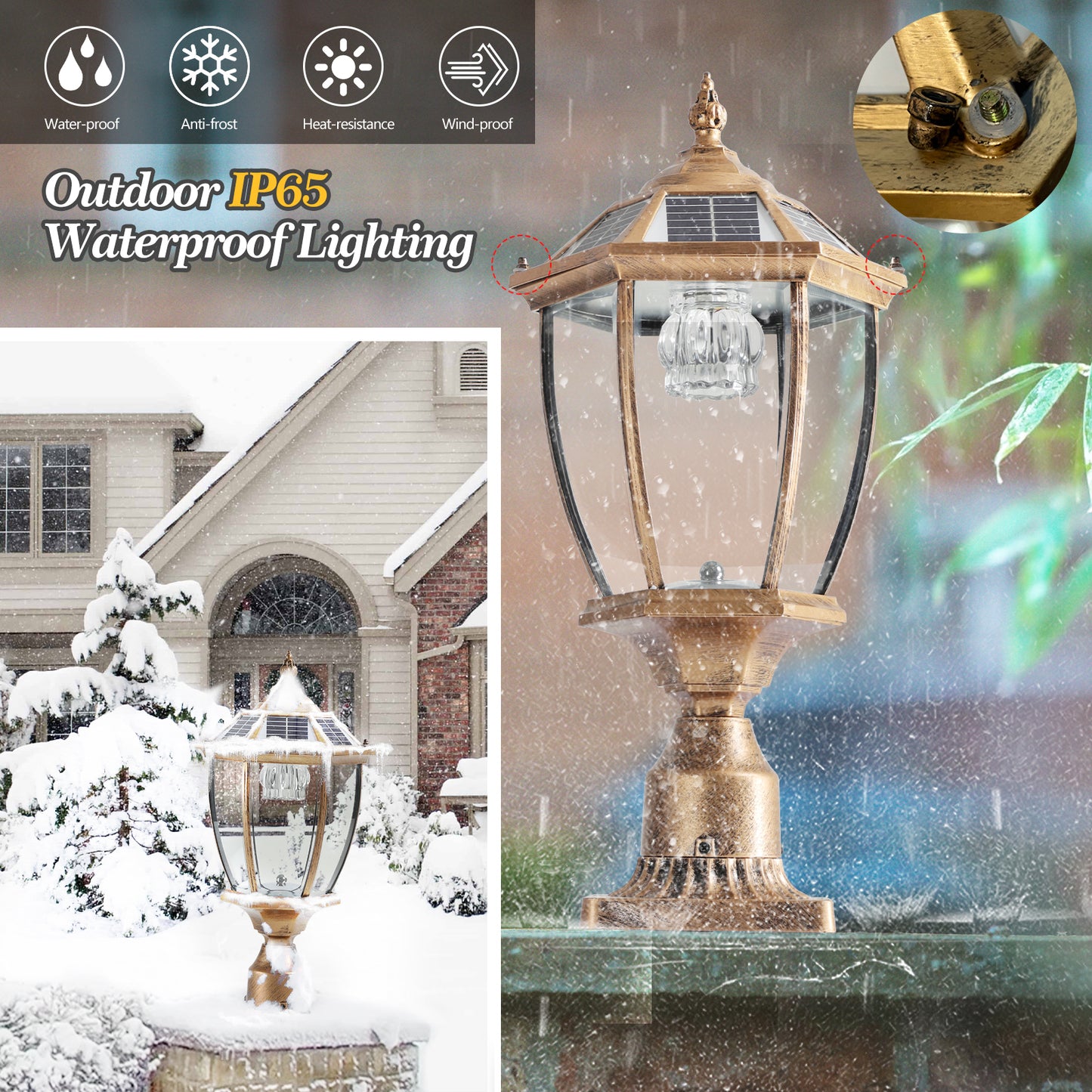 Retro gold Solar Column Headlights With Dimmable LED(2 pack)-DG2056