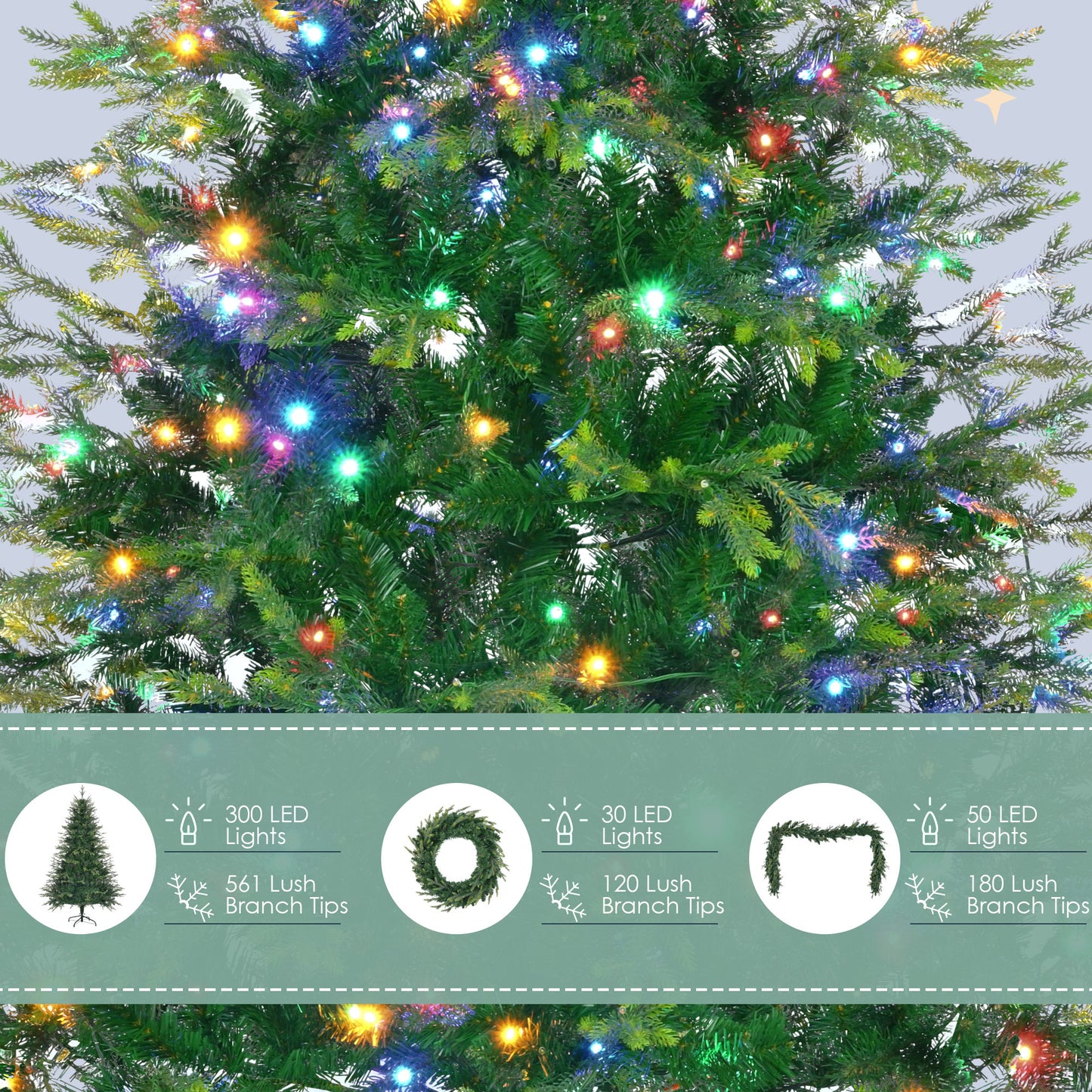 6FT Pre-Lit Aspen Fir Artificial Christmas Tree with Wreath & Garland,Grass Green Xmas Tree with 380 Multi-Color LED Lights, 11 Lighting Modes, 861 PE Branch Tips, for Indoor Holiday Decor