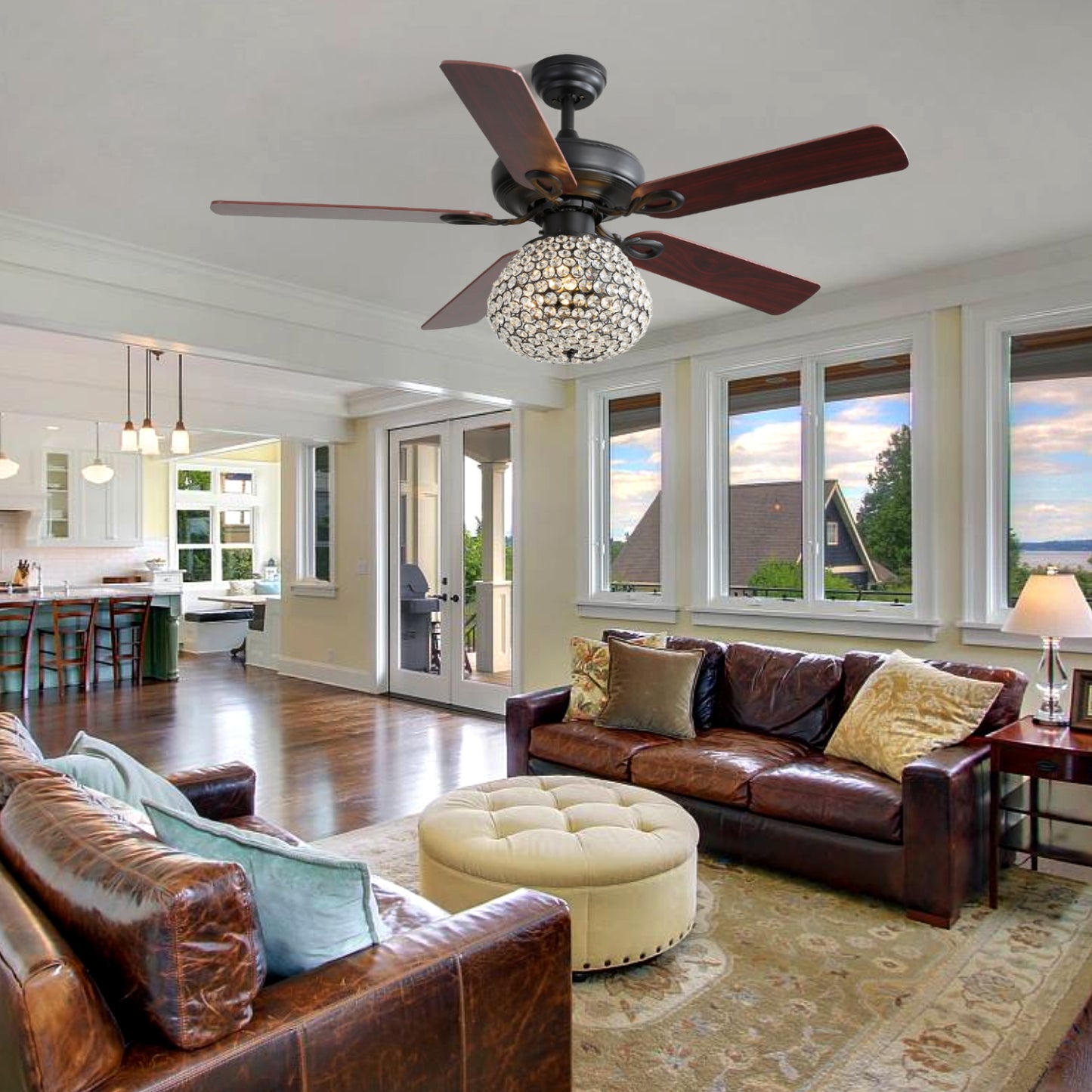52 Inch Crystal Ceiling Fan With 3 Speed Wind 5 Plywood Blades