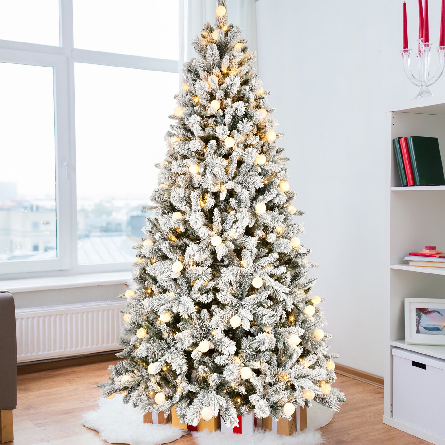 8FT PE+PVC Floceked Christmas Tree with Easy Power & Memory Wire Technology, 470 Dual-Color LEDs With 10 Function, G45 Bulbs, and 1793 Tips , Innovative Holiday Experience!