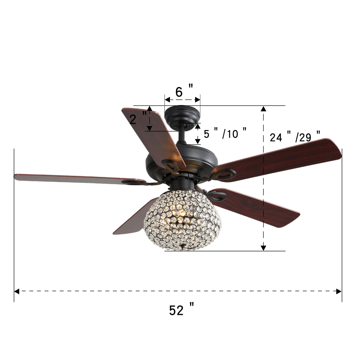 52 Inch Crystal Ceiling Fan With 3 Speed Wind 5 Plywood Blades