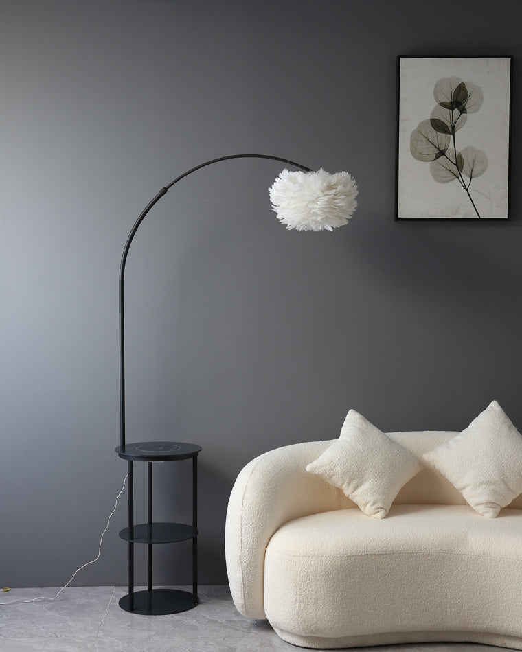 Diff Dimmable Arc Feather Floor Lamp with Charging Shelves-DF7056