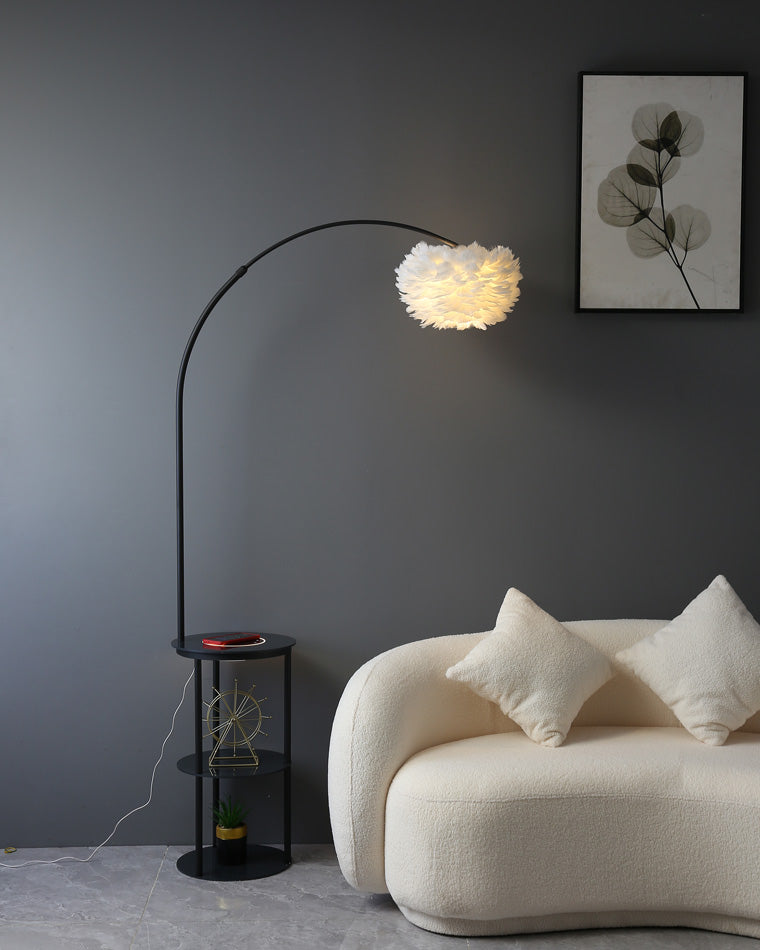 Diff Dimmable Arc Feather Floor Lamp with Charging Shelves-DF7056