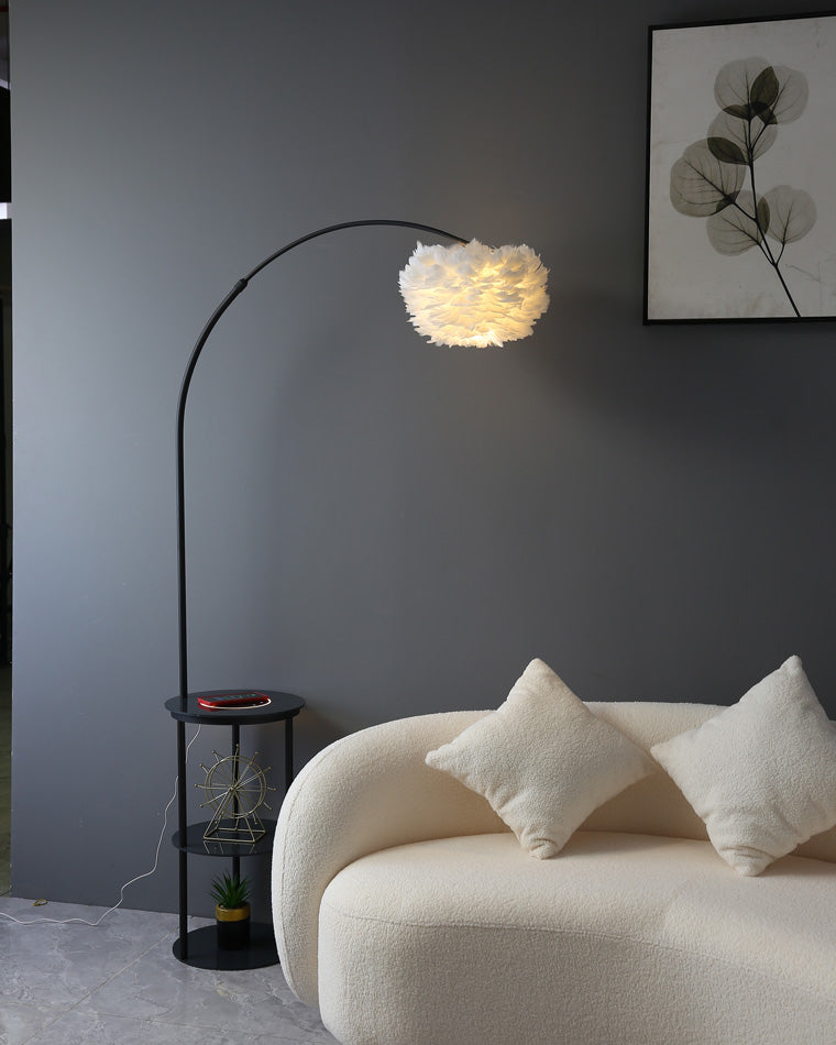Diff Dimmable Arc Feather Floor Lamp with Charging Shelves-DF7056
