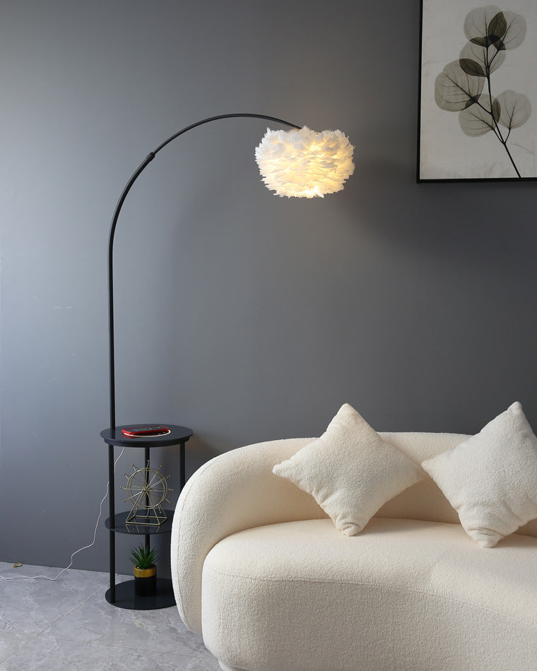Diff Dimmable Arc Feather Floor Lamp with Charging Shelves-DF7056