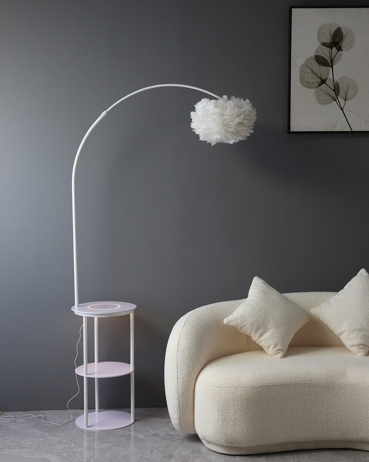 Diff Dimmable Arc Feather Floor Lamp with Charging Shelves-DF7056