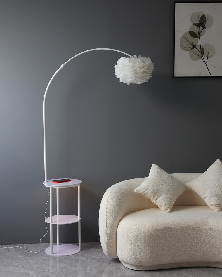 Diff Dimmable Arc Feather Floor Lamp with Charging Shelves-DF7056