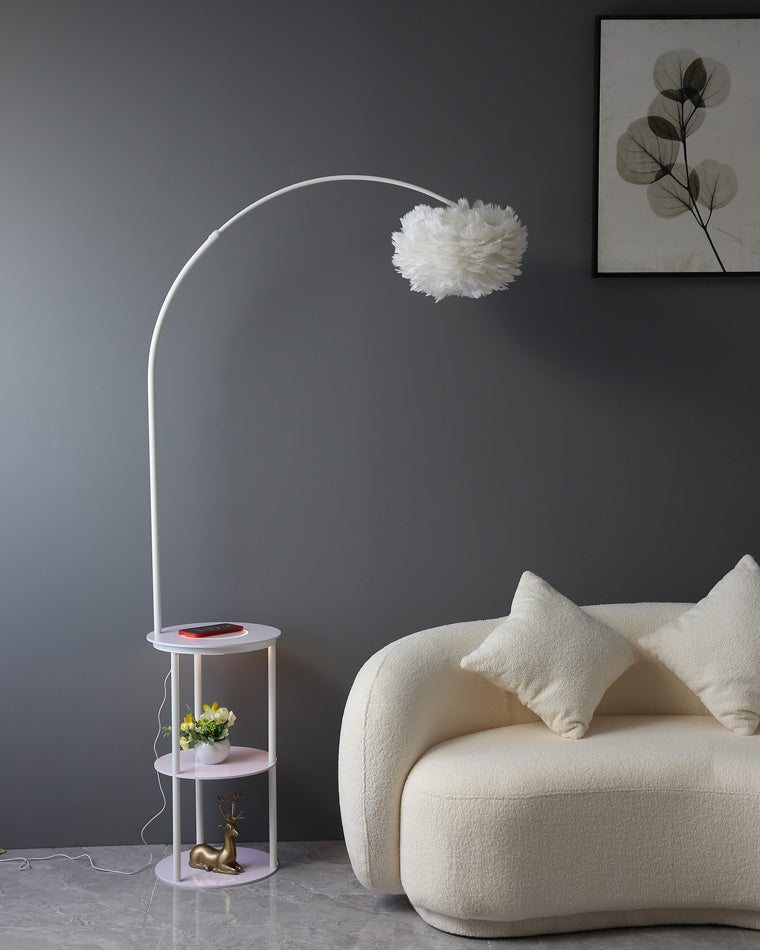 Diff Dimmable Arc Feather Floor Lamp with Charging Shelves-DF7056