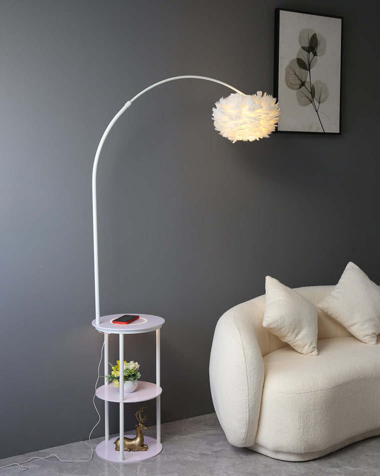 Diff Dimmable Arc Feather Floor Lamp with Charging Shelves-DF7056