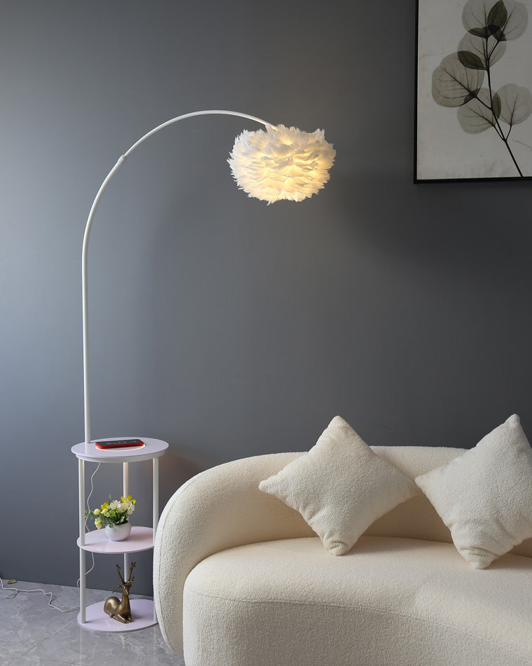 Diff Dimmable Arc Feather Floor Lamp with Charging Shelves-DF7056