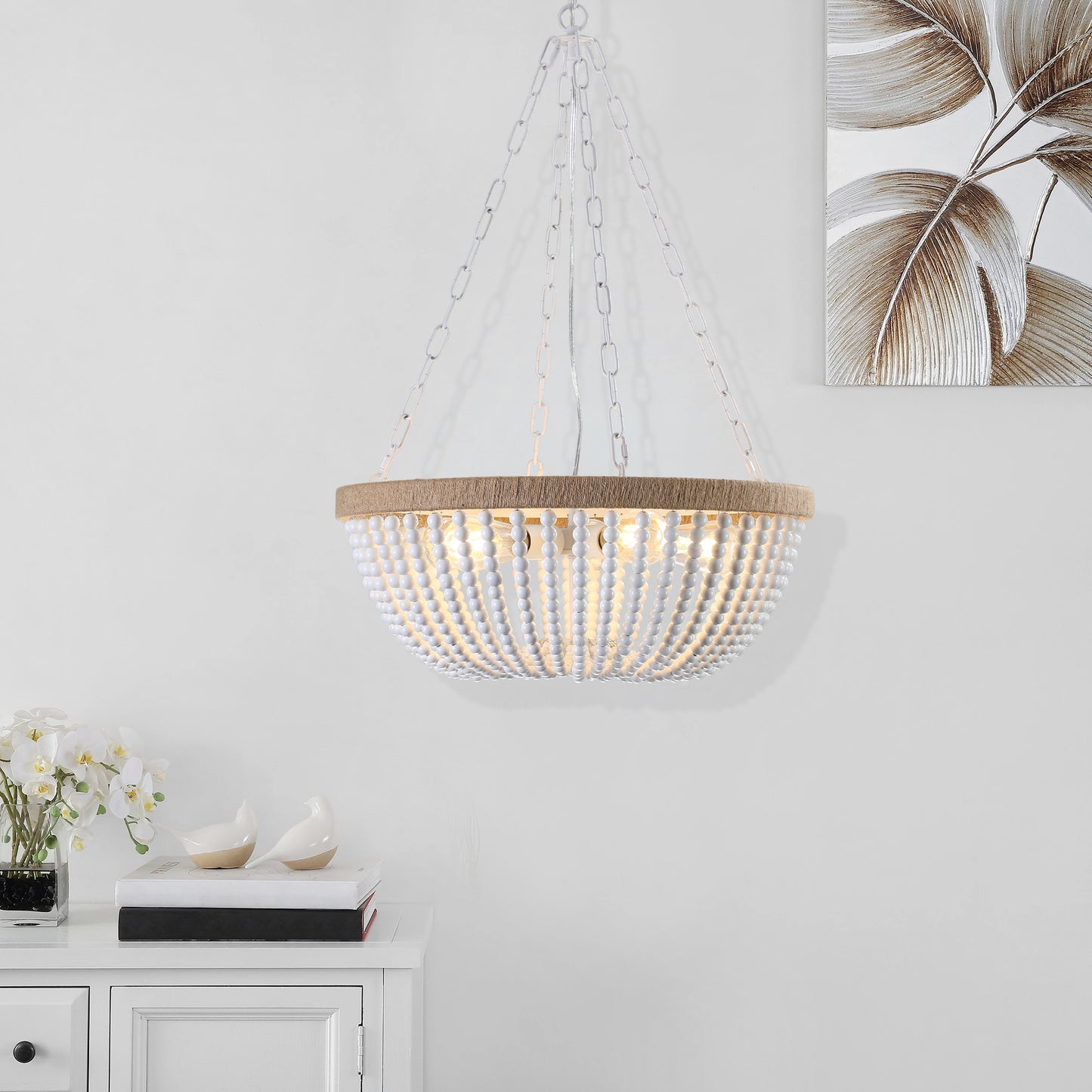 Bohemian style Wood Beaded Chandelier Oak White-DG2051