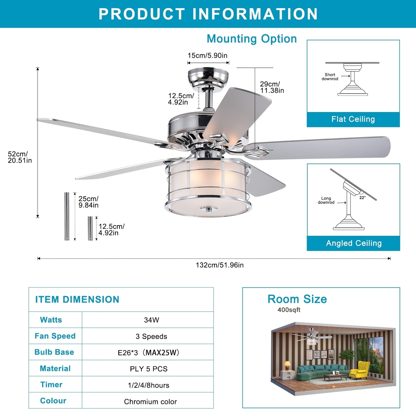 52" 3-Light Chrome Drum Shade LED Ceiling Fan