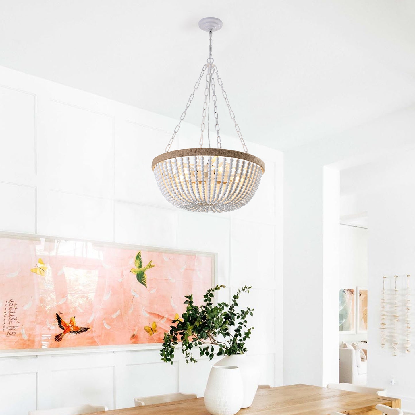 Bohemian style Wood Beaded Chandelier Oak White-DG2051