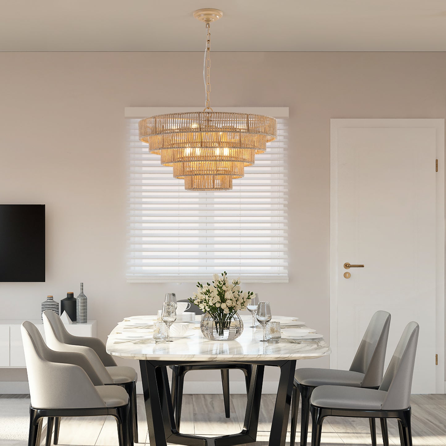 Bohemian style Woven Pendant Light with 5-Tier Rattan Chandelier-DG2052