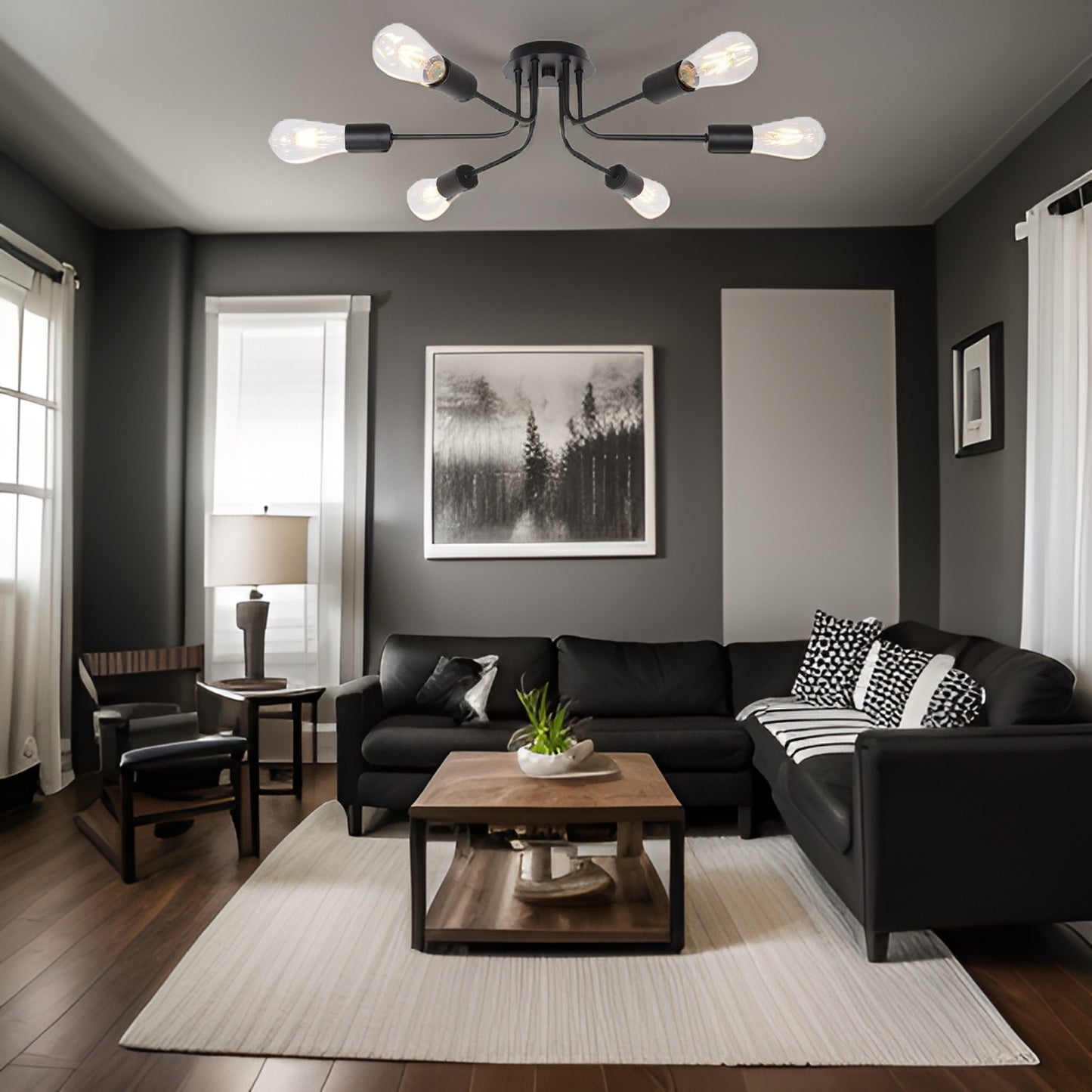 Modern Sputnik Chandelier 6 Light Semi Flush Mount Ceiling Lighting