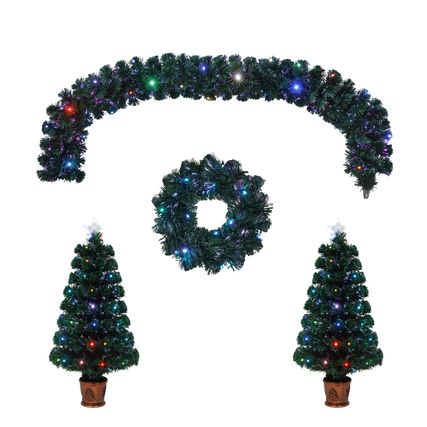 Pre-lit Optical Fiber Christmas Artificial Tree 4-Piece Set, Christmas Garland, Wreath and set of 2 Entrance Trees with Colorful Lights, PVC Festival Celebration Set