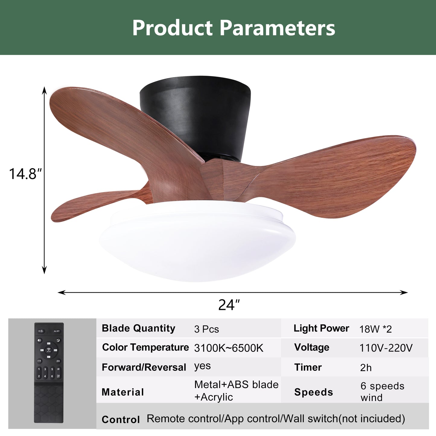 24'' walnut Small Ceiling Fan with Lights