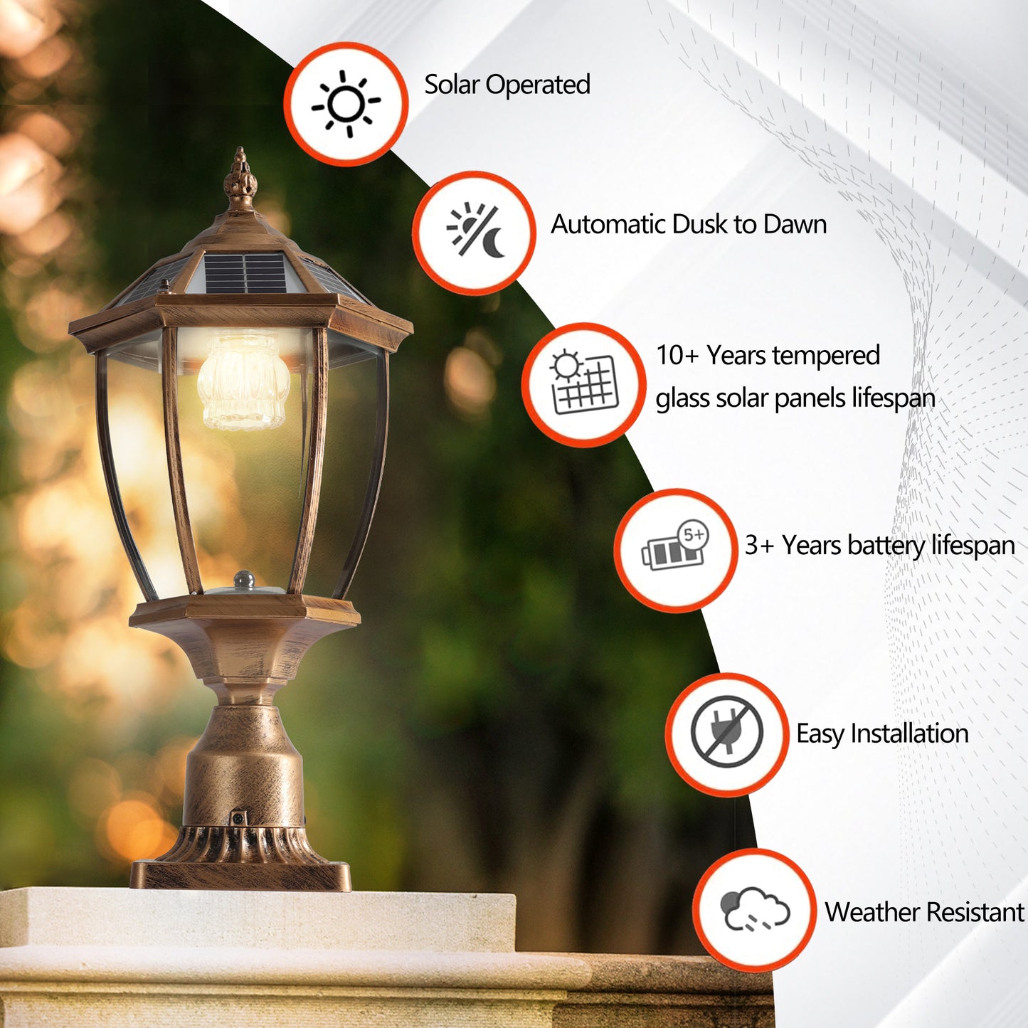 Retro gold Solar Column Headlights With Dimmable LED(2 pack)-DG2056