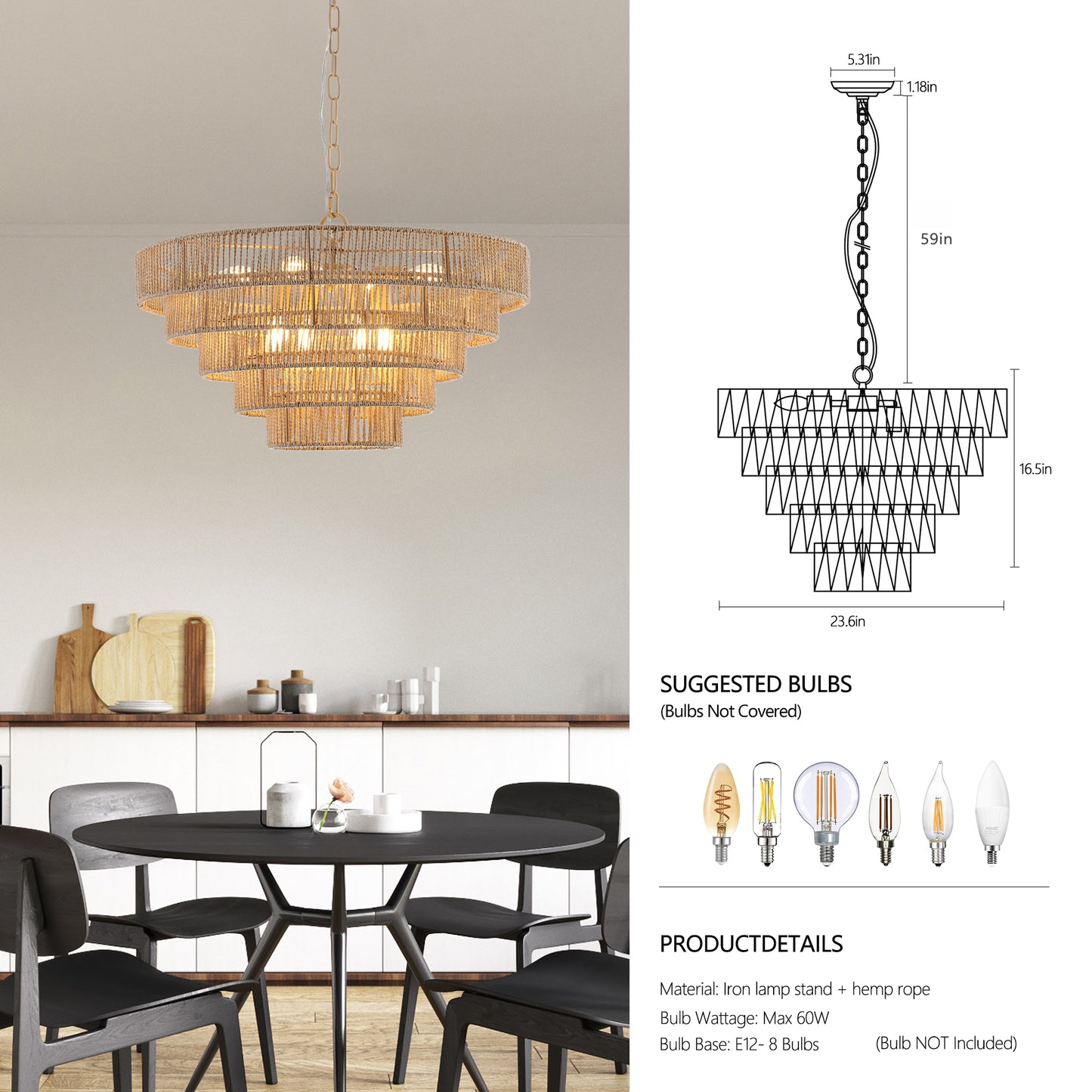 Bohemian style Woven Pendant Light with 5-Tier Rattan Chandelier-DG2052