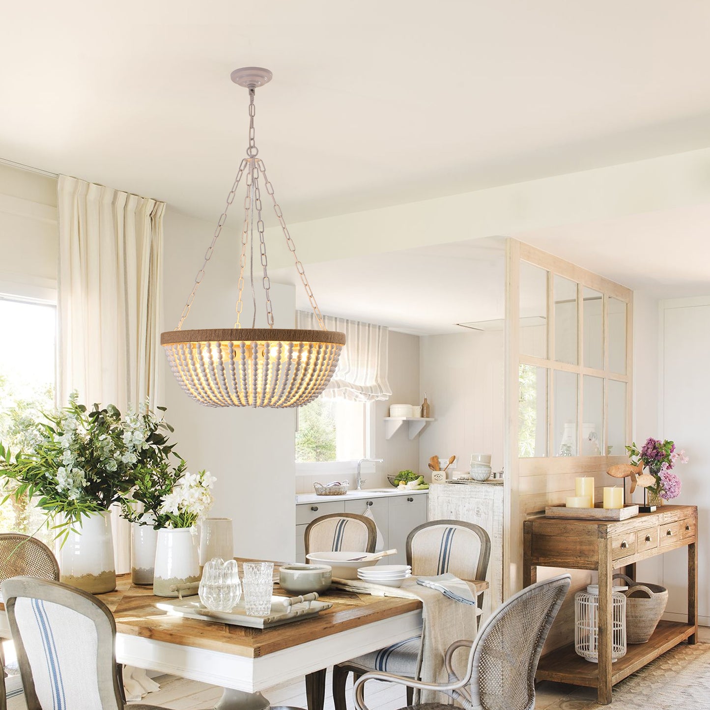 Bohemian style Wood Beaded Chandelier Oak White-DG2051