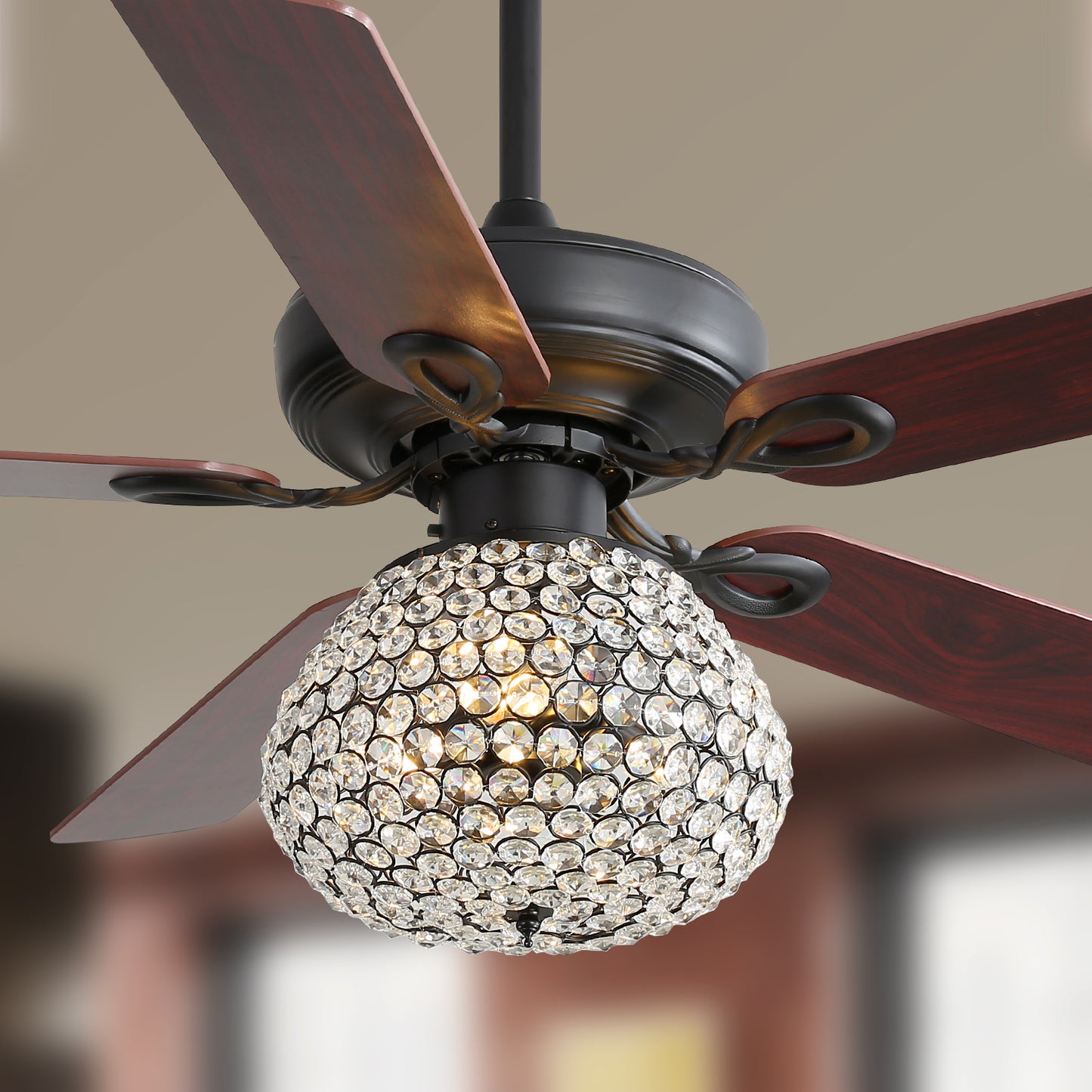 52 Inch Crystal Ceiling Fan With 3 Speed Wind 5 Plywood Blades