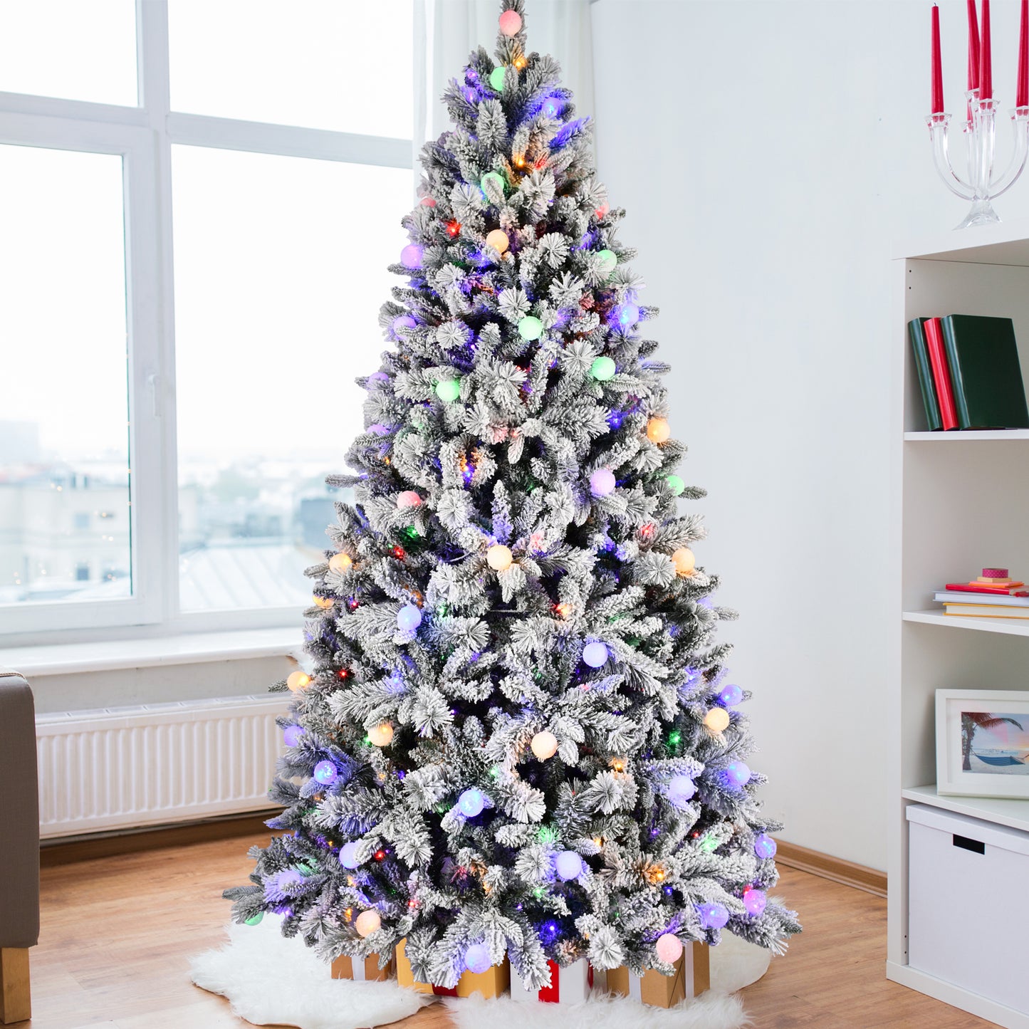 8FT PE+PVC Floceked Christmas Tree with Easy Power & Memory Wire Technology, 470 Dual-Color LEDs With 10 Function, G45 Bulbs, and 1793 Tips , Innovative Holiday Experience!