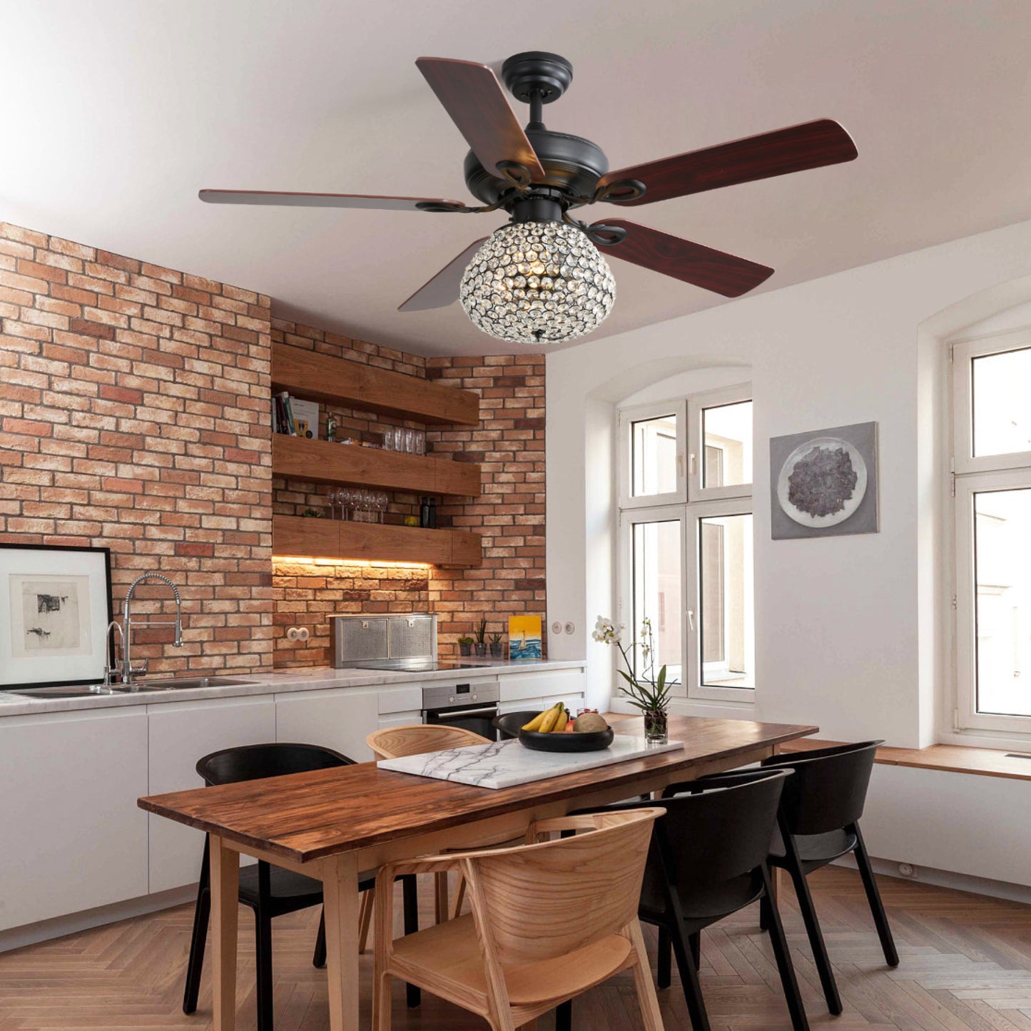 52 Inch Crystal Ceiling Fan With 3 Speed Wind 5 Plywood Blades