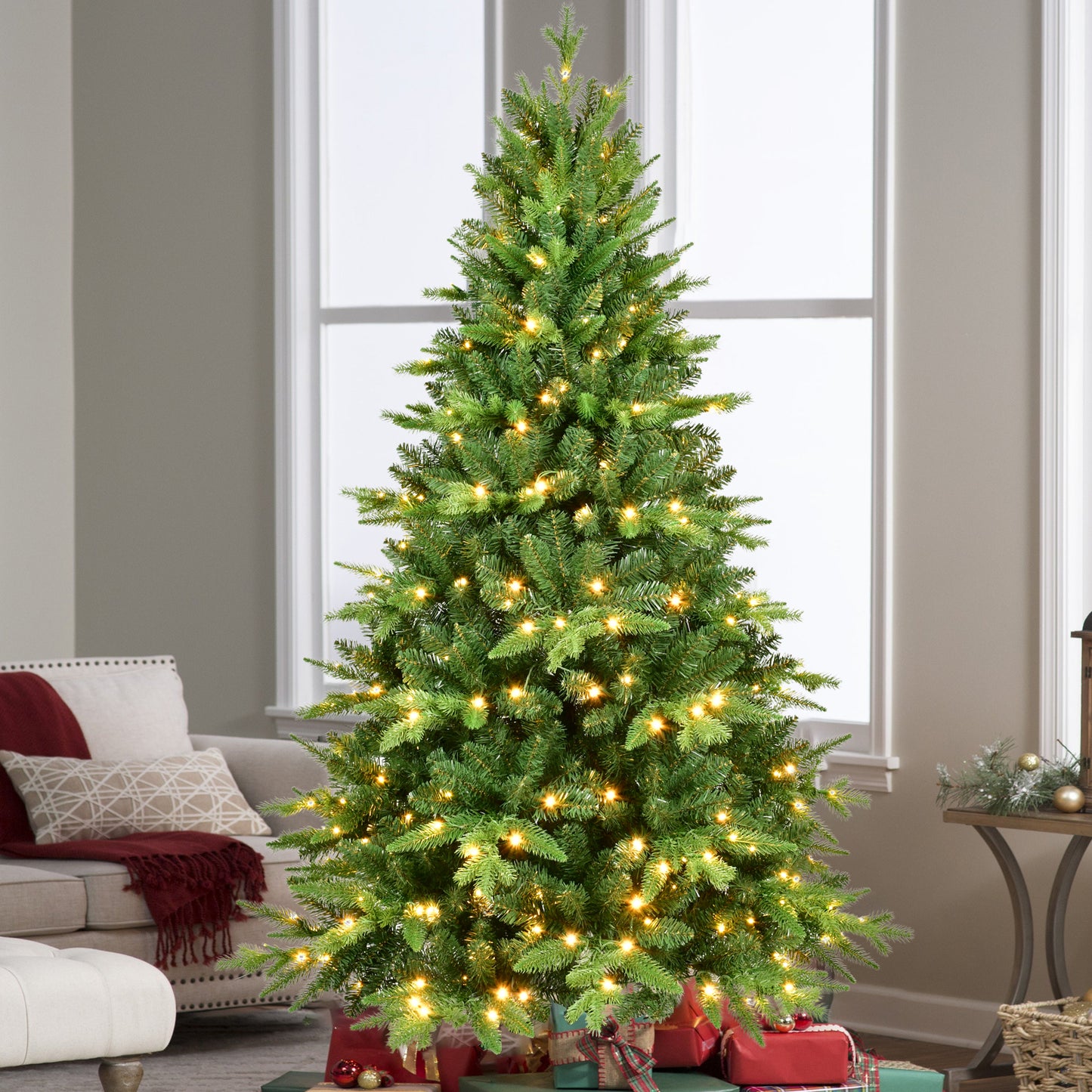 6FT PE And PVC Christmas Tree with Lights, Unique Christmas Tree Prelit with 1228 Branch Tips, 350 Warm White LEDs and Metal Stand, Aritificial Christmas Tree