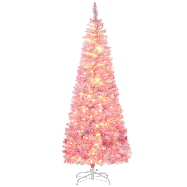 HOMCOM 6ft Prelit Snow Flocked Artificial Christmas Tree with Pencil Shape, Pine Realistic Branches, Warm White LED lights, Auto Open, Pink and White