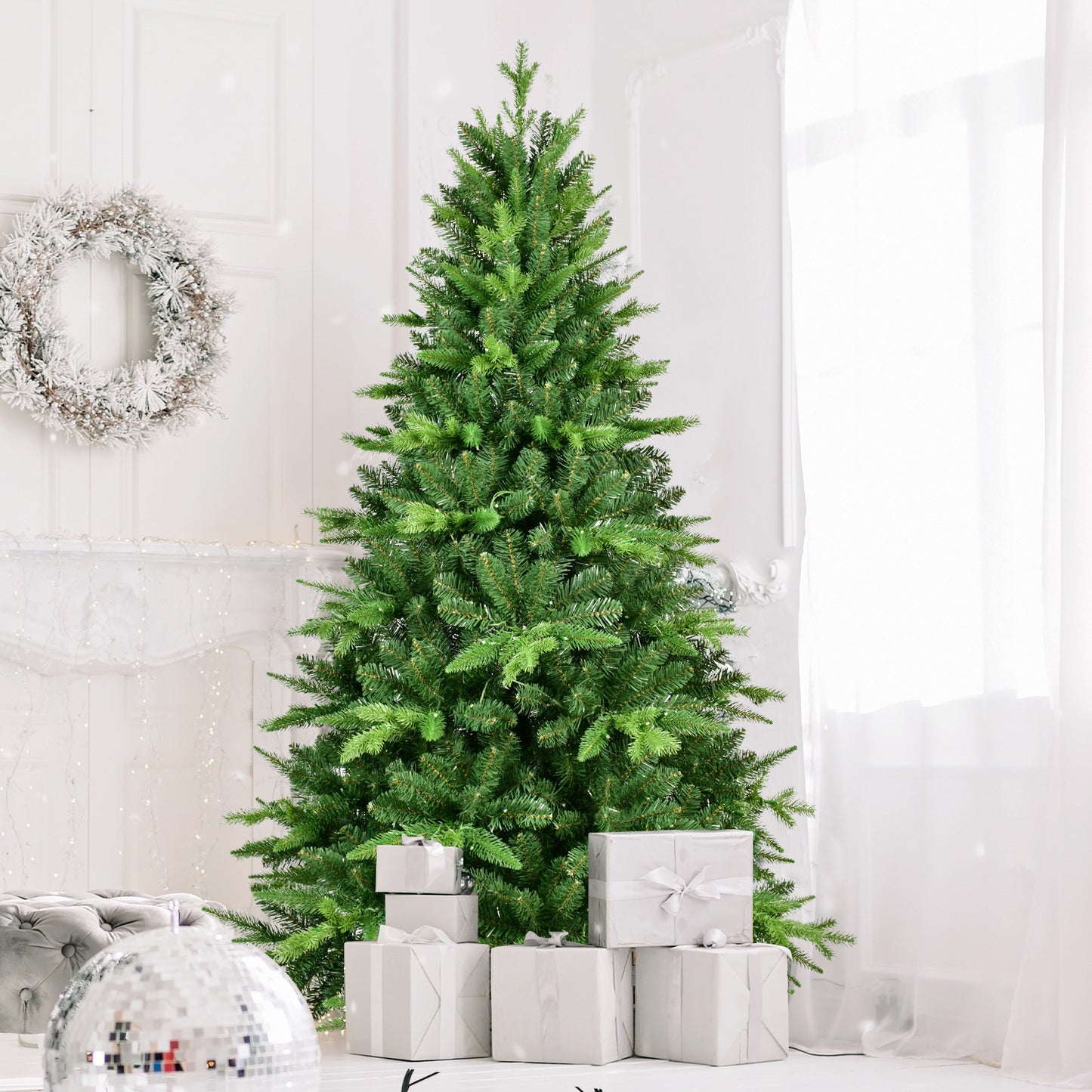 6FT PE And PVC Christmas Tree with Lights, Unique Christmas Tree Prelit with 1228 Branch Tips, 350 Warm White LEDs and Metal Stand, Aritificial Christmas Tree